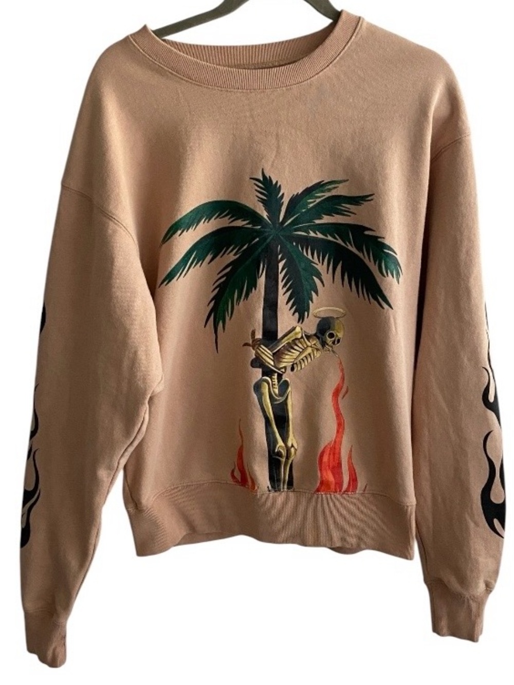 Palm Angels Beige Sweatshirt with Green Palm & Black Skeleton Graphic
